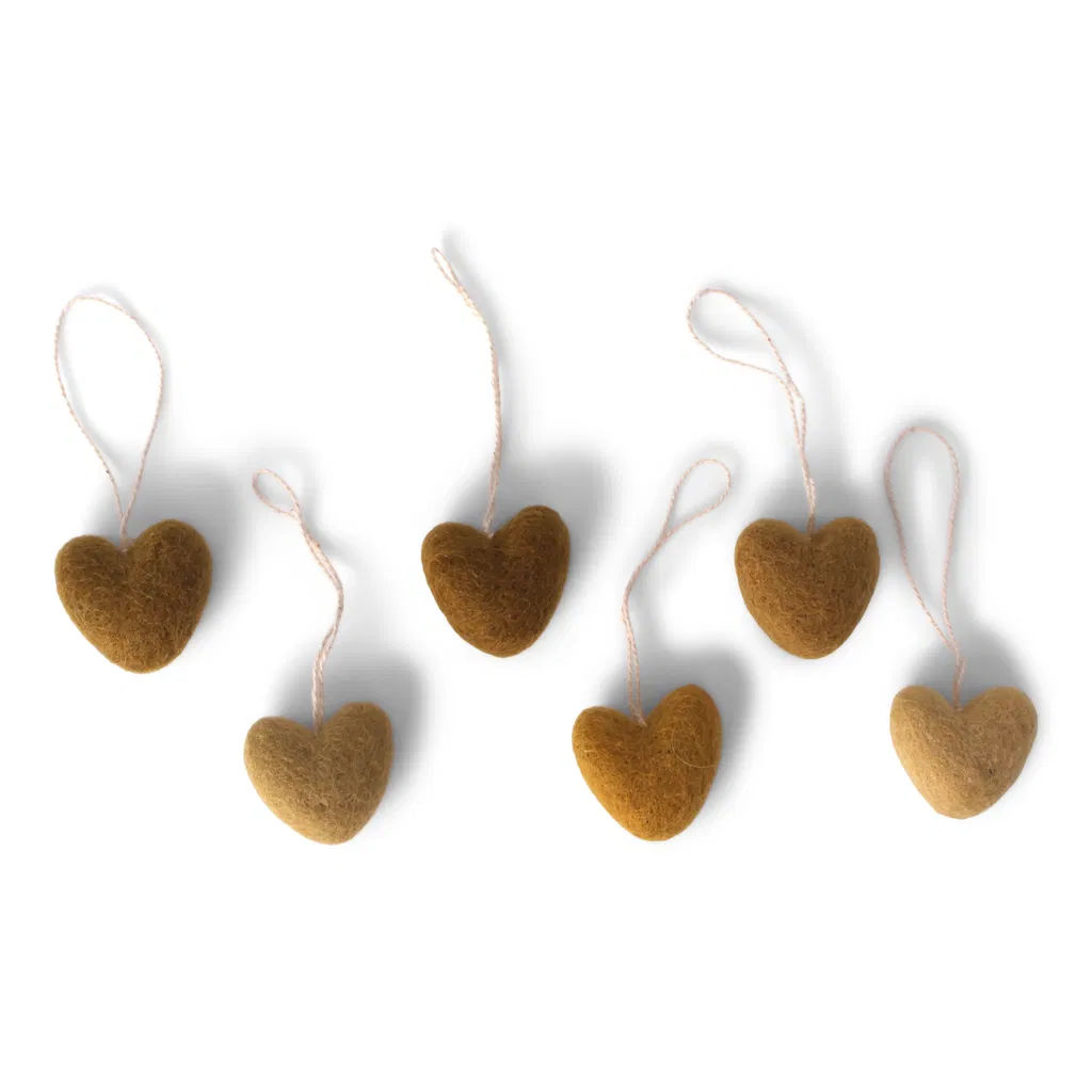 Mini Hearts w/string- Ochre - Set of 6